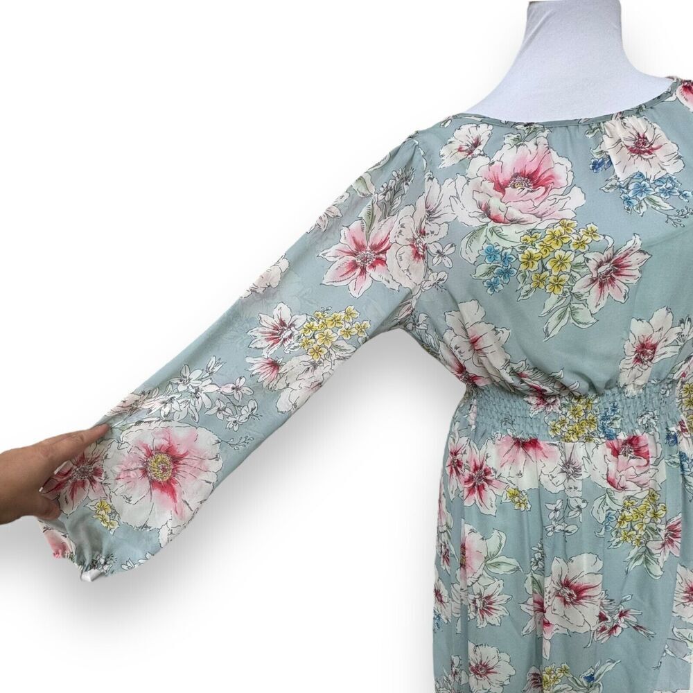 Louna Womens A Line Blouson Dress Blue Floral Long Sleeve Button Smocked Large - Picture 5 of 8